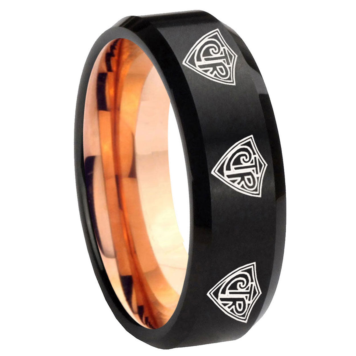 8mm Multiple CTR Two-Tone Beveled Black Rose Gold Tungsten Band