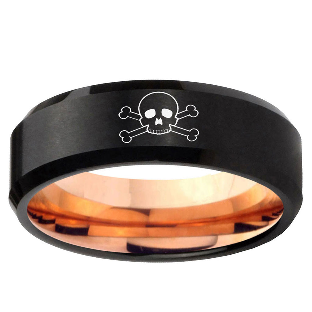 5mm Skull Two-Tone Beveled Black Rose Gold Tungsten Band