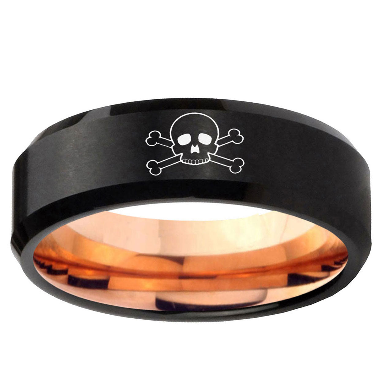 5mm Skull Two-Tone Beveled Black Rose Gold Tungsten Band