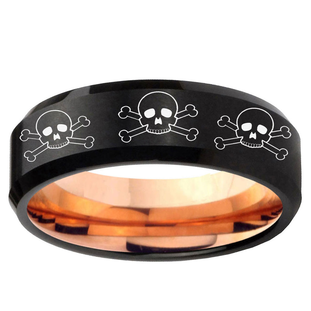 5mm Multiple Skull Two-Tone Beveled Black Rose Gold Tungsten Band