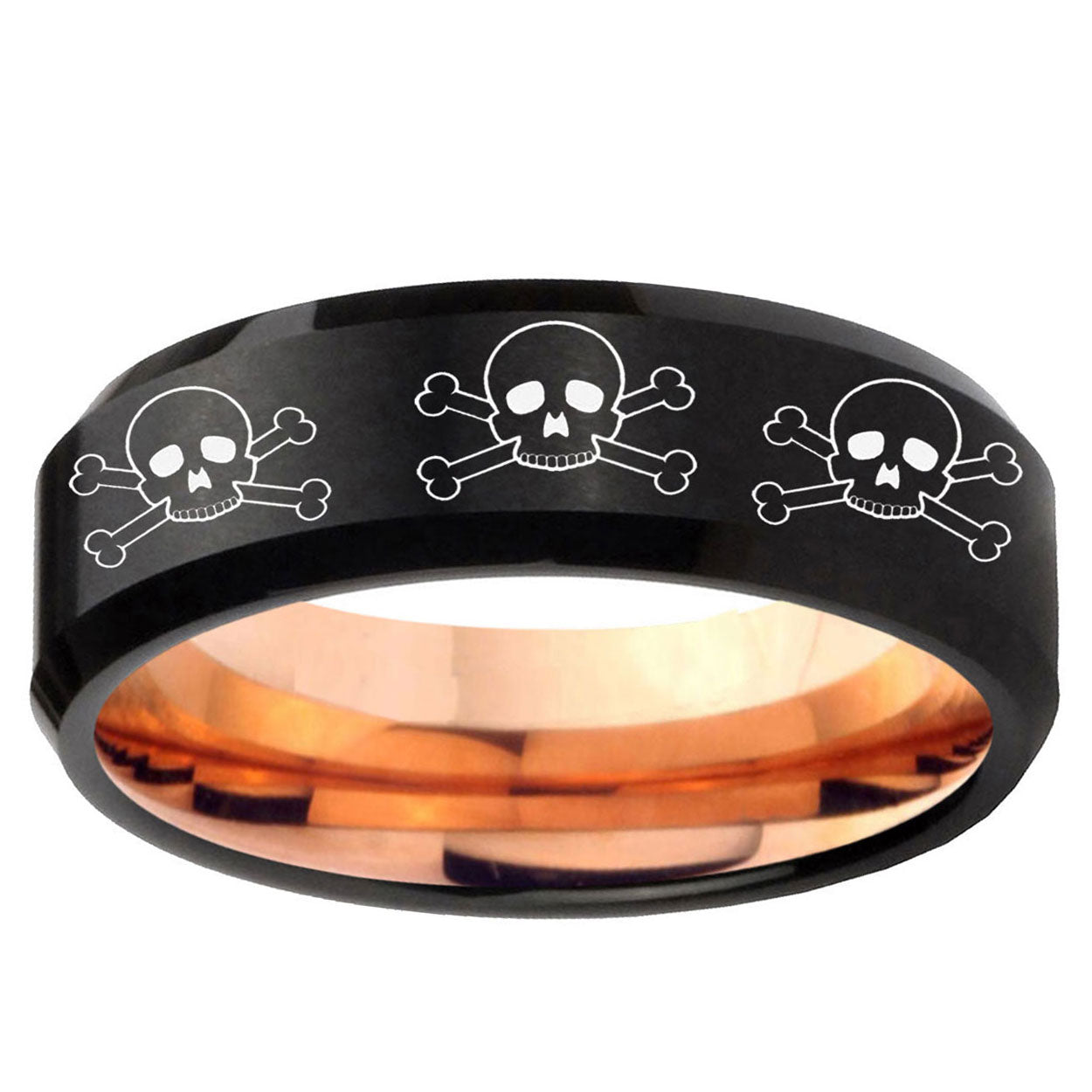 5mm Multiple Skull Two-Tone Beveled Black Rose Gold Tungsten Band