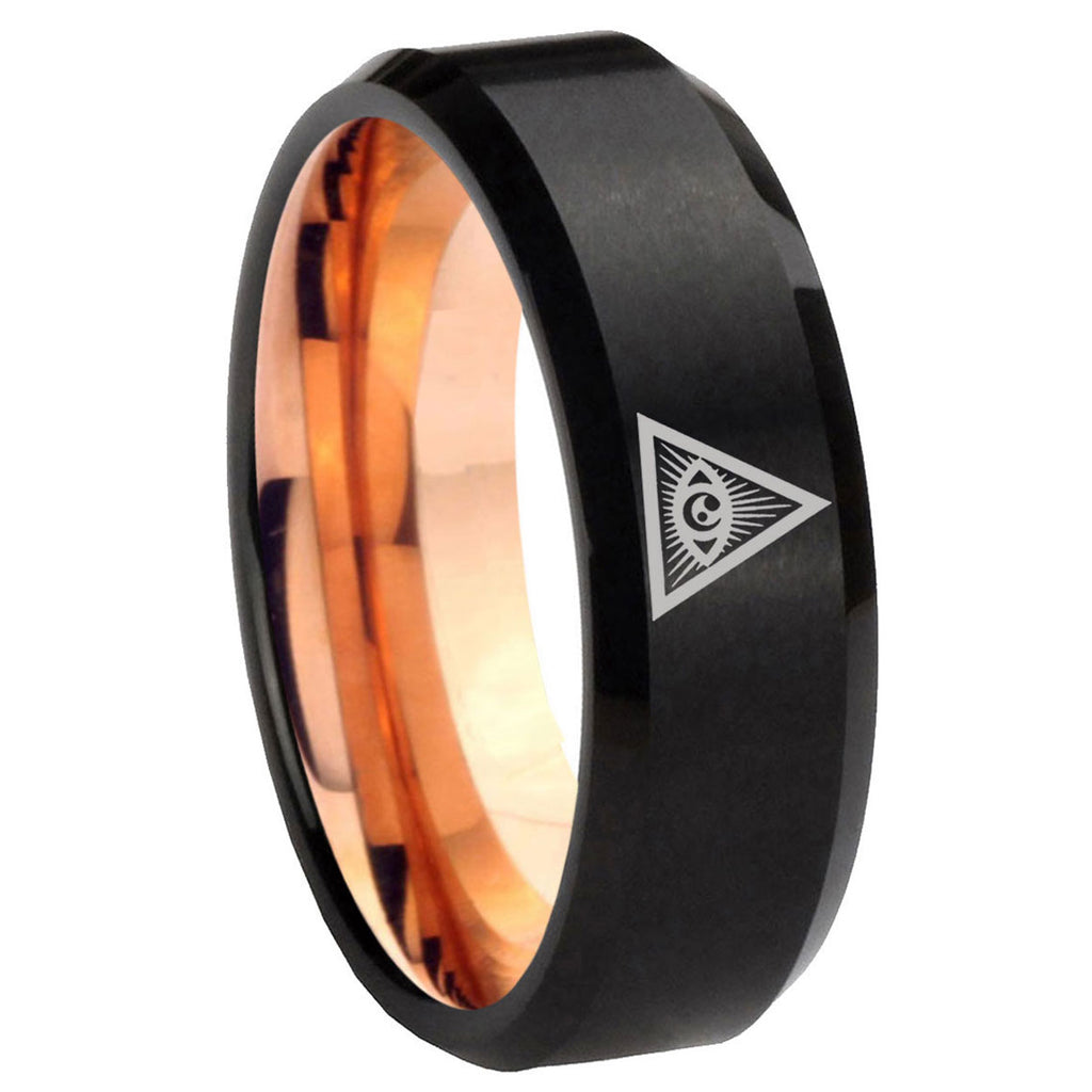 8mm Seeing Eye Two-Tone Beveled Black Rose Gold Tungsten Band