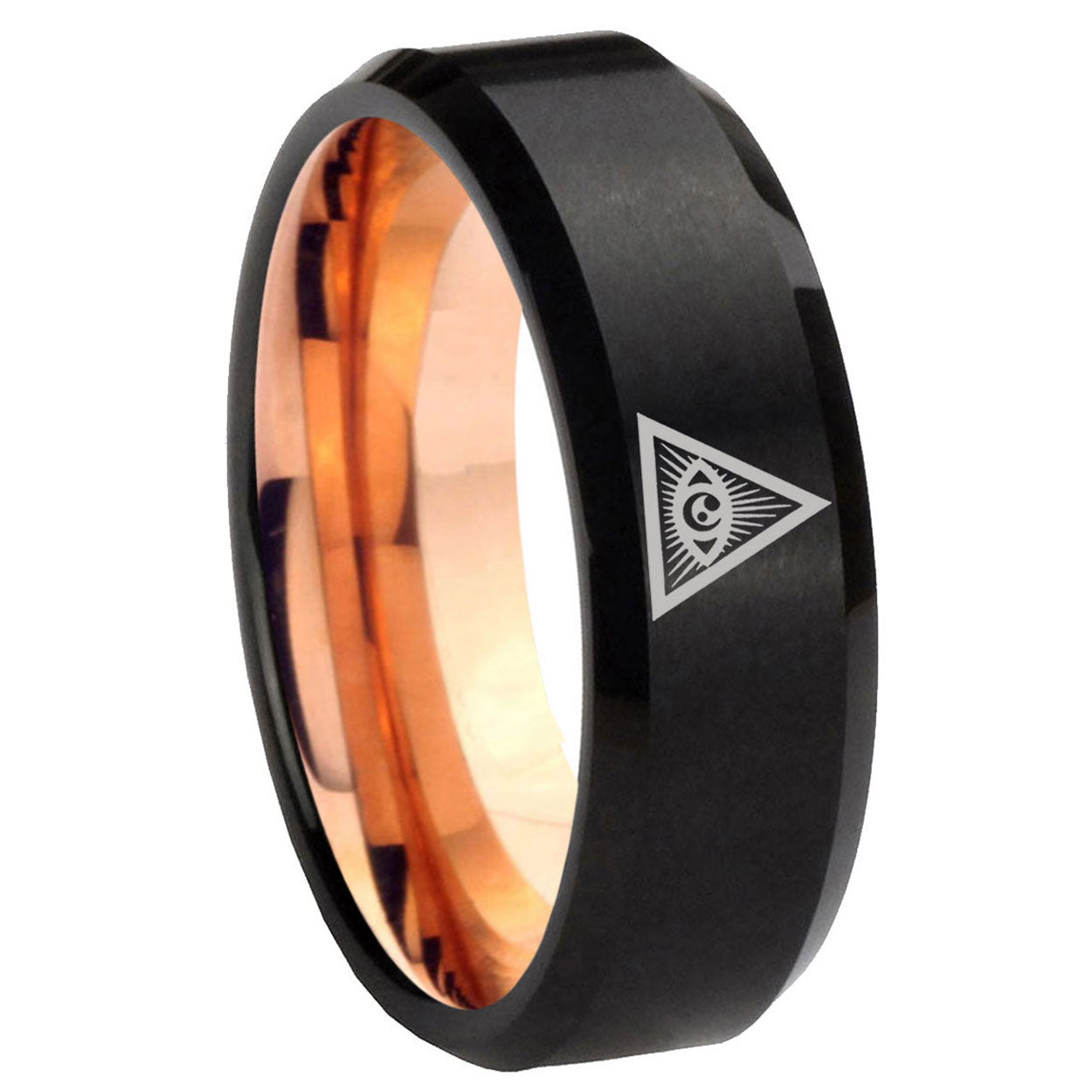 8mm Seeing Eye Two-Tone Beveled Black Rose Gold Tungsten Band