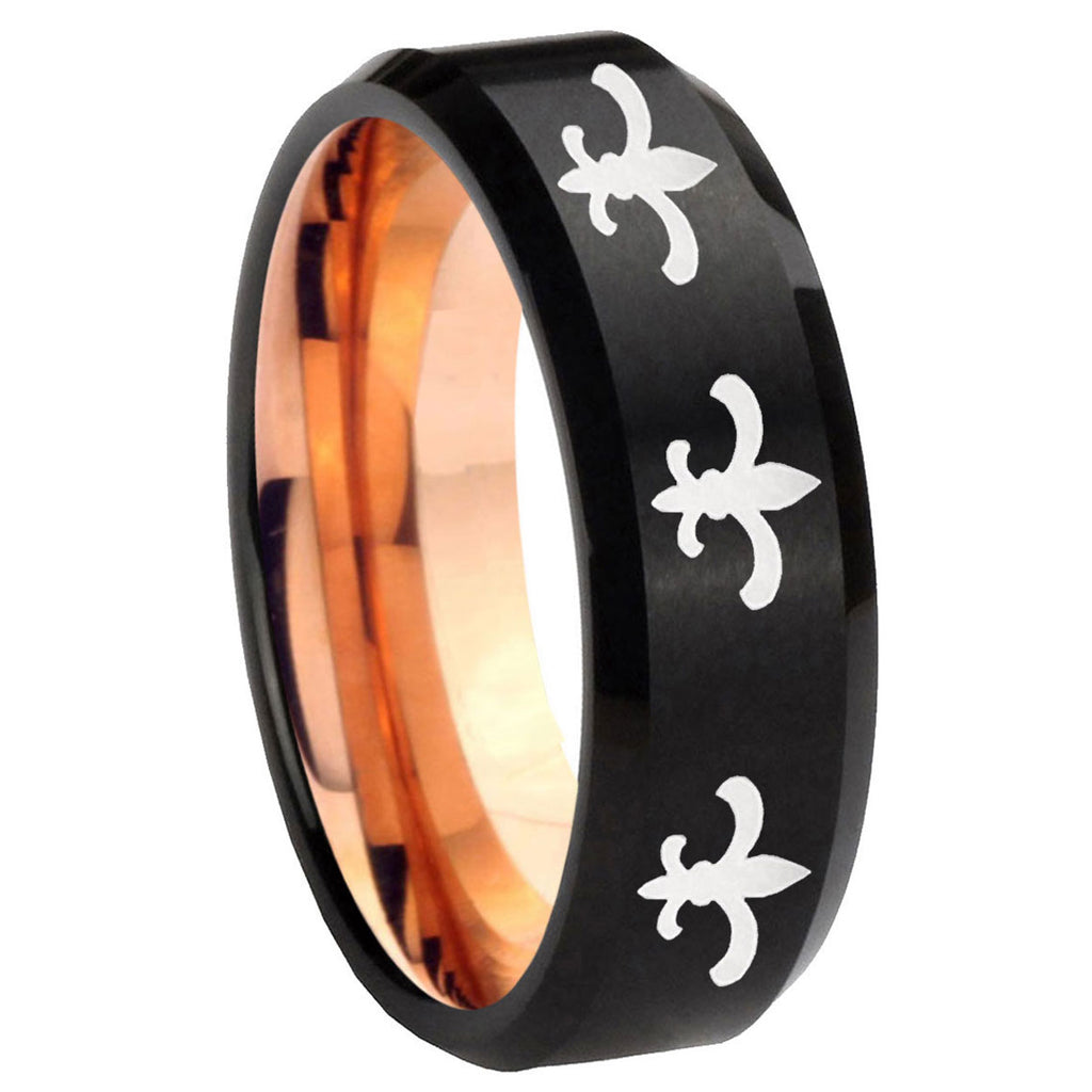8mm Multi Fleur-De-Lis Two-Tone Beveled Black Rose Gold Tungsten Band