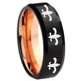 8mm Multiple Fleur-De-Lis Beveled Rose Gold and Black Tungsten Men Band Ring