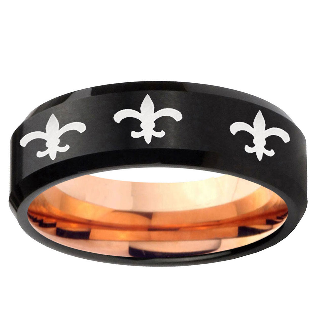 5mm Multi Fleur-De-Lis Two-Tone Beveled Black Rose Gold Tungsten Band