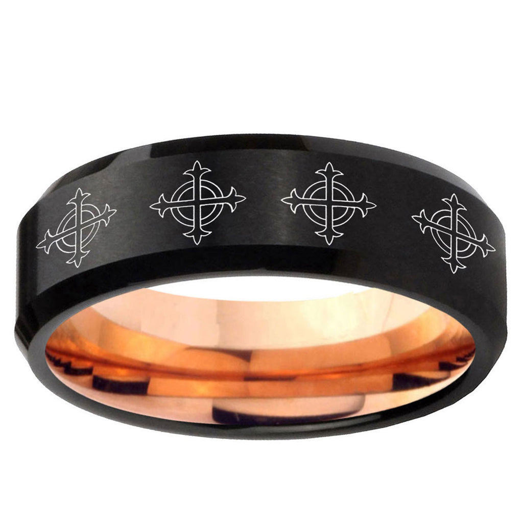 5mm Multiple Crosses Two-Tone Beveled Black Rose Gold Tungsten Band