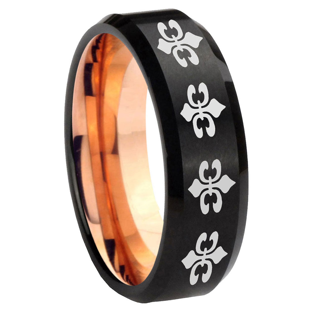 8mm Multi Fleur Delis Two-Tone Beveled Black Rose Gold Tungsten Band