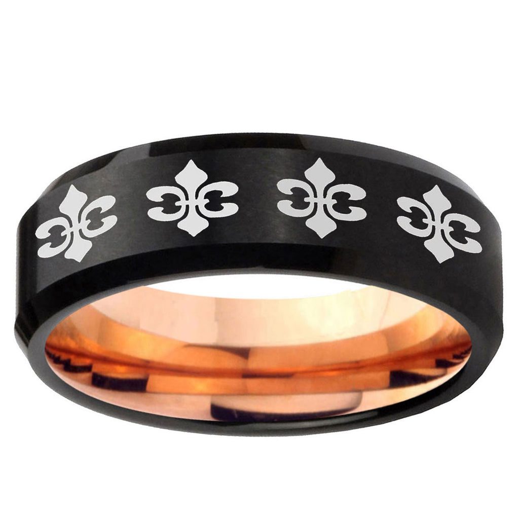 5mm Multi Fleur Delis Two-Tone Beveled Black Rose Gold Tungsten Band
