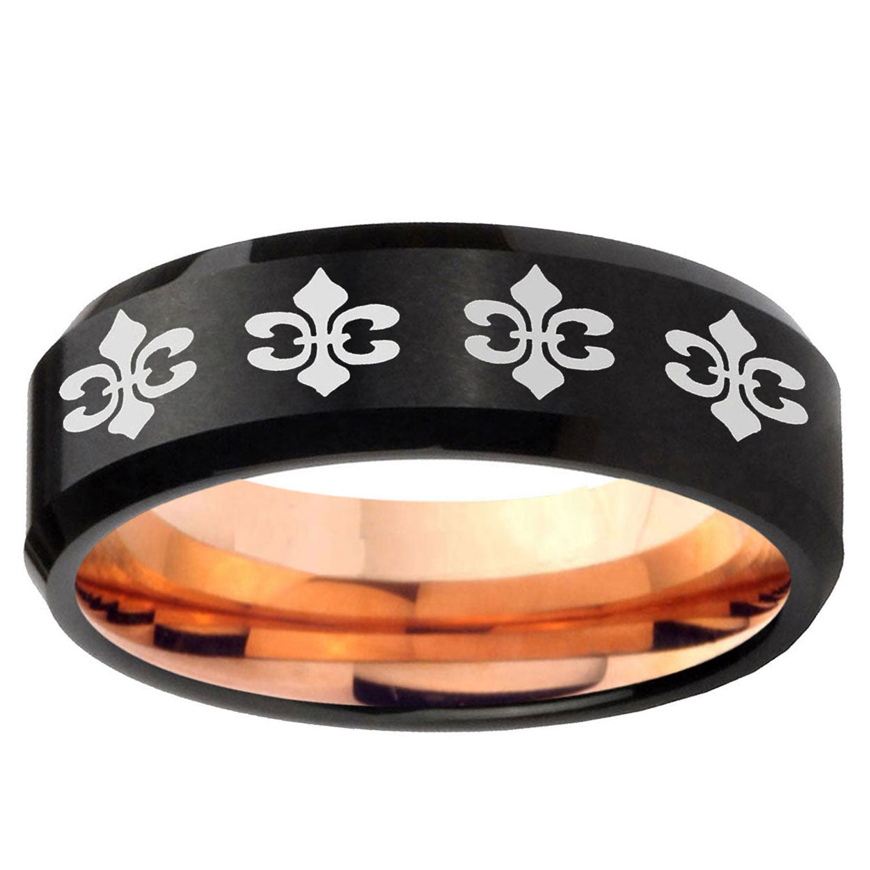 5mm Multi Fleur Delis Two-Tone Beveled Black Rose Gold Tungsten Band