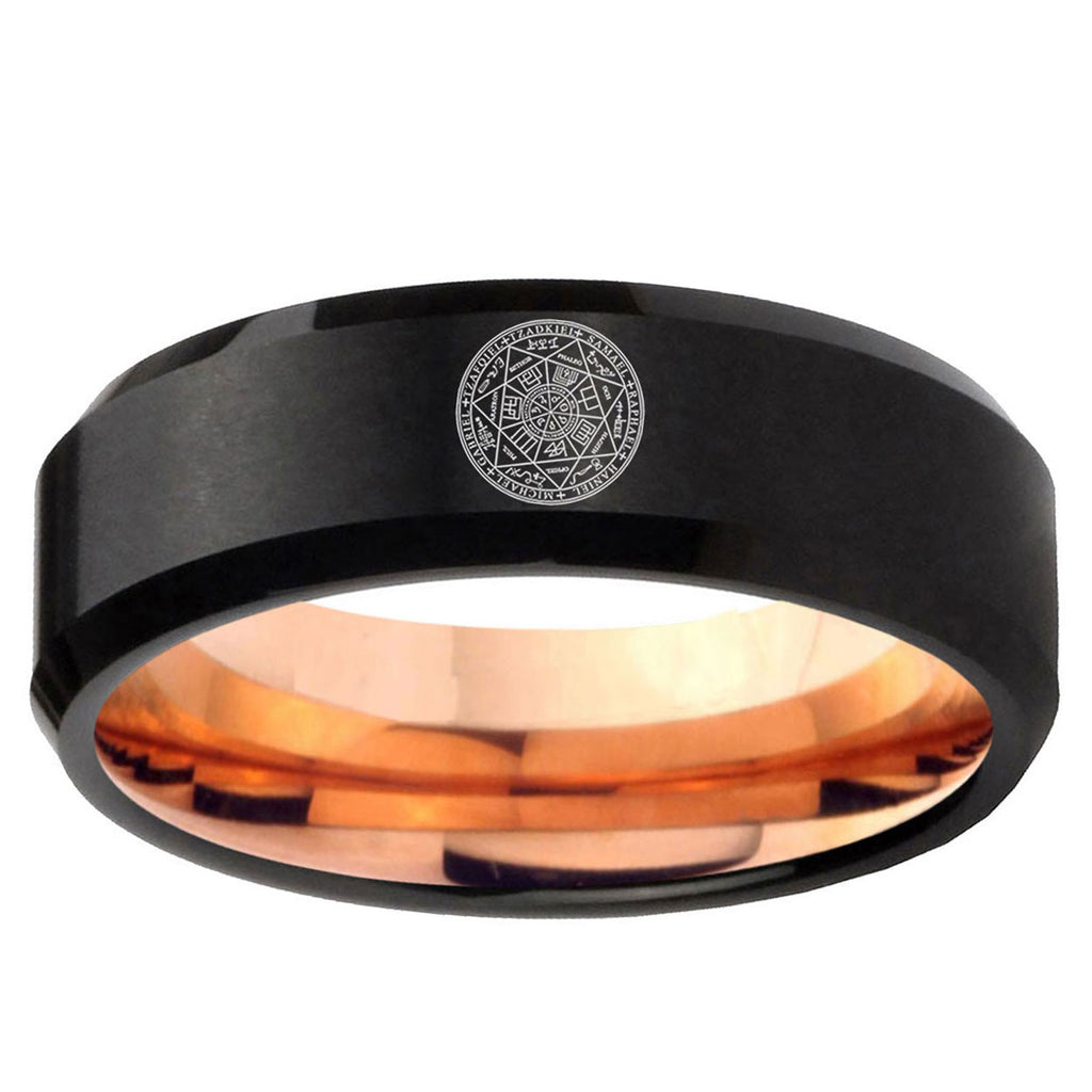 5mm Seal of Seven Two-Tone Beveled Black Rose Gold Tungsten Band