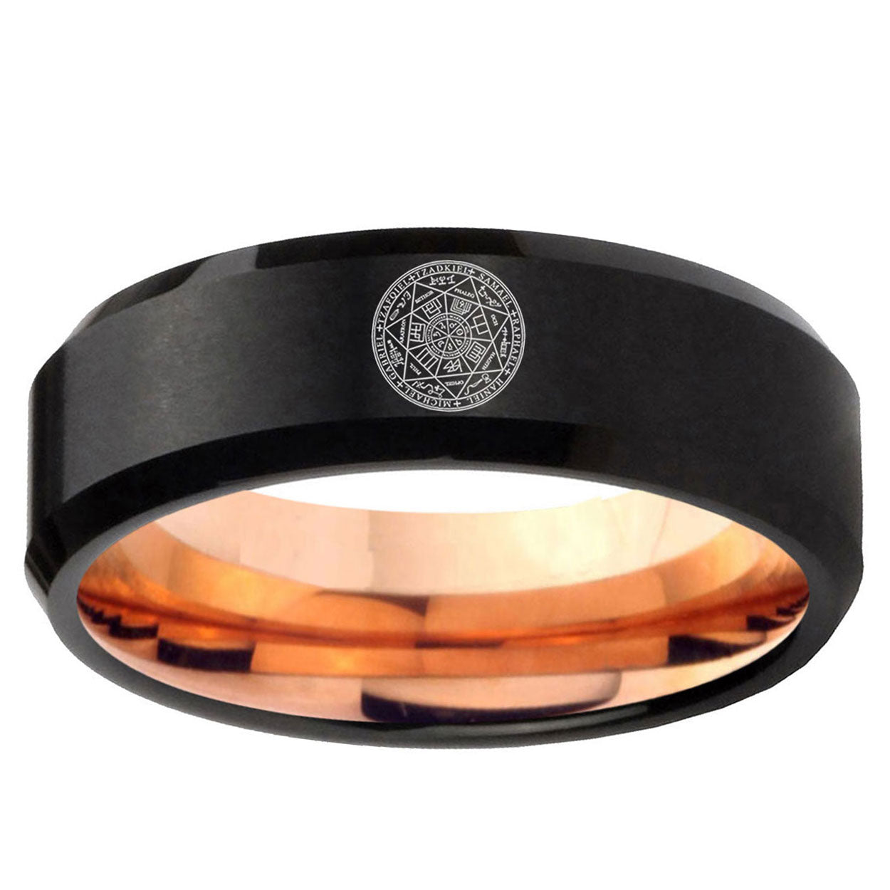 5mm Seal of Seven Two-Tone Beveled Black Rose Gold Tungsten Band