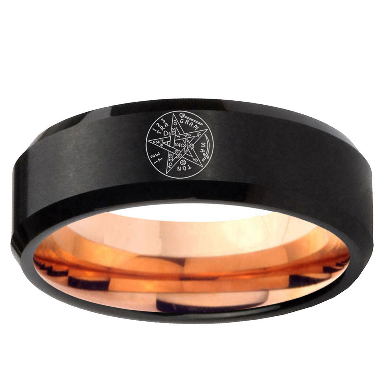 5mm Tetragrammaton Spiritual Two-Tone Beveled Black Rose Gold Tungsten Band