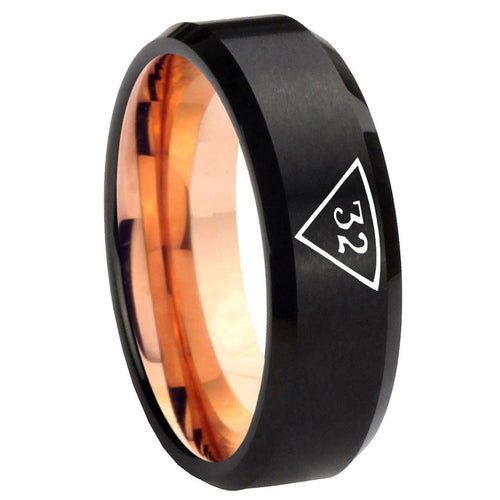 8mm 32 Masonic Triangle Two-Tone Beveled Black Rose Gold Tungsten Band