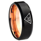 8mm Masonic 32 Triangle Freemason Beveled Edge Rose Gold and Black Tungsten Carbide Bands Ring