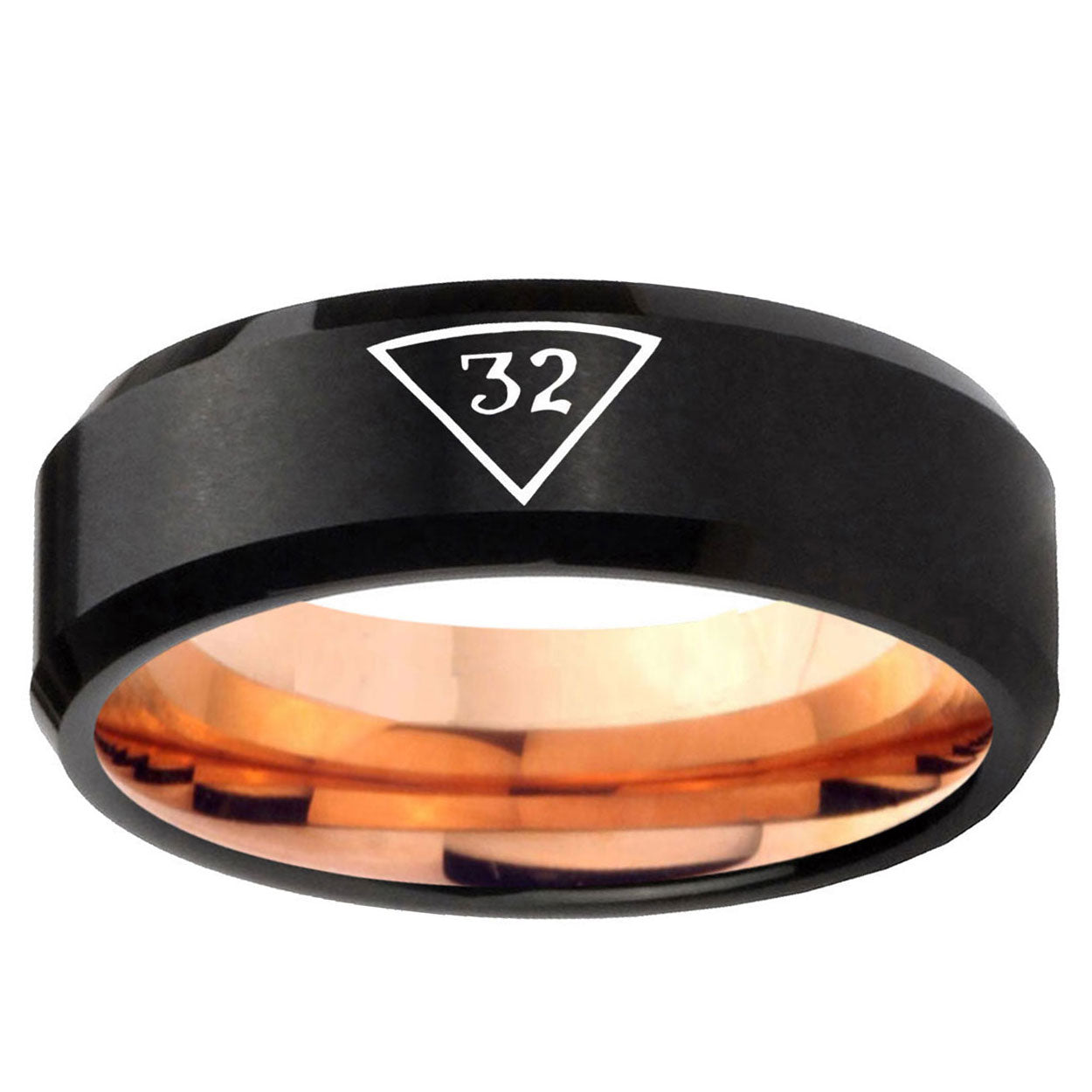 5mm 32 Masonic Triangle Two-Tone Beveled Black Rose Gold Tungsten Band