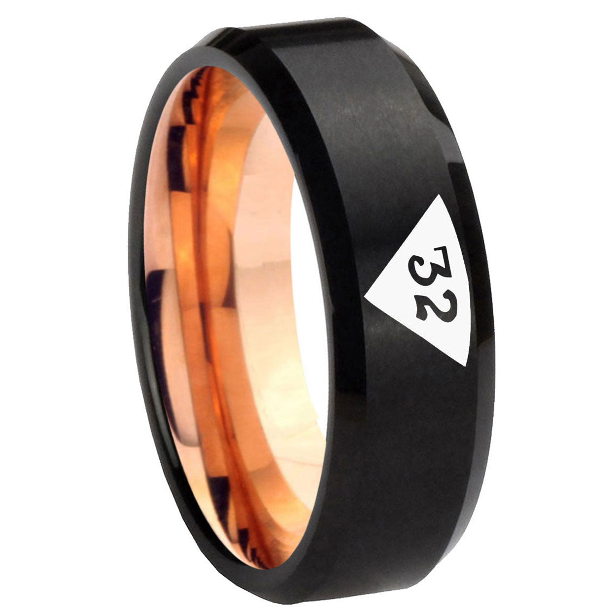 8mm Masonic 32 Triangle Two-Tone Beveled Black Rose Gold Tungsten Band