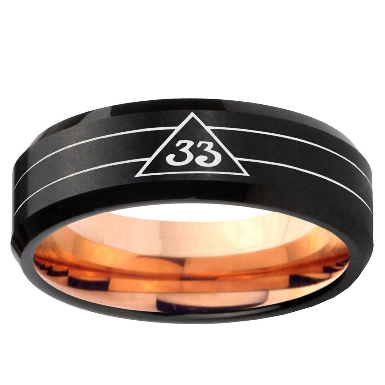 5mm Masonic 32 Duo Line Two-Tone Beveled Black Rose Gold Tungsten Band