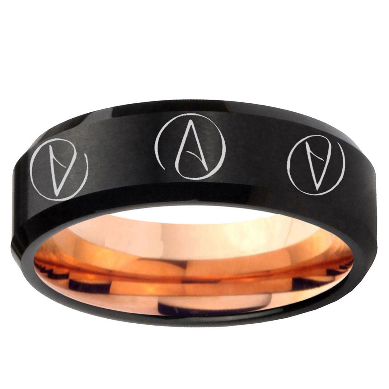 5mm Atheist Design Two-Tone Beveled Black Rose Gold Tungsten Band