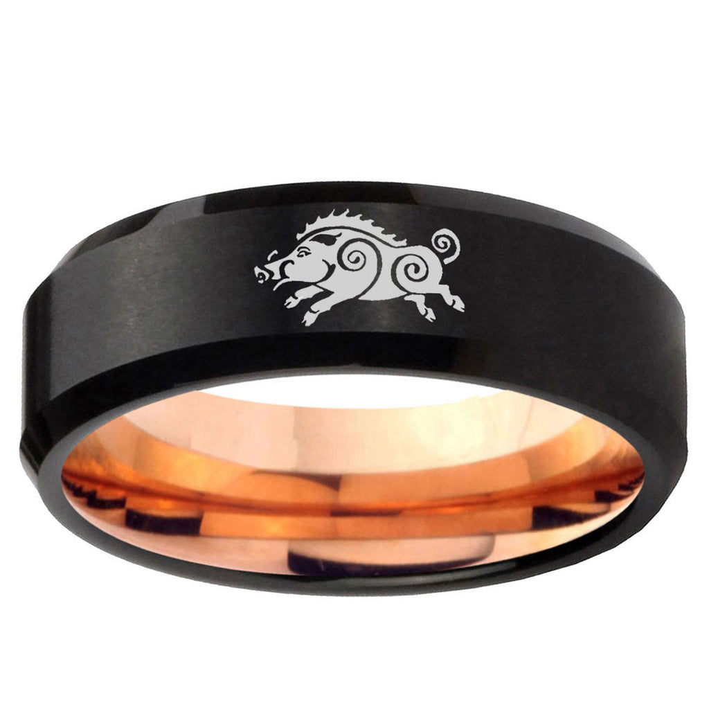 5mm Wild Boar Two-Tone Beveled Black Rose Gold Tungsten Band