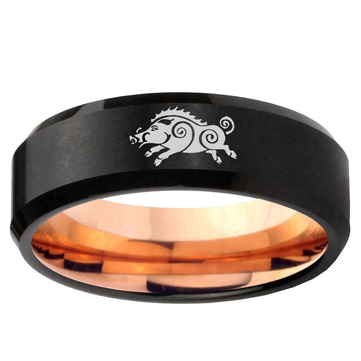 10mm Wild Boar Bevel Tungsten Rose Gold Mens Wedding Band