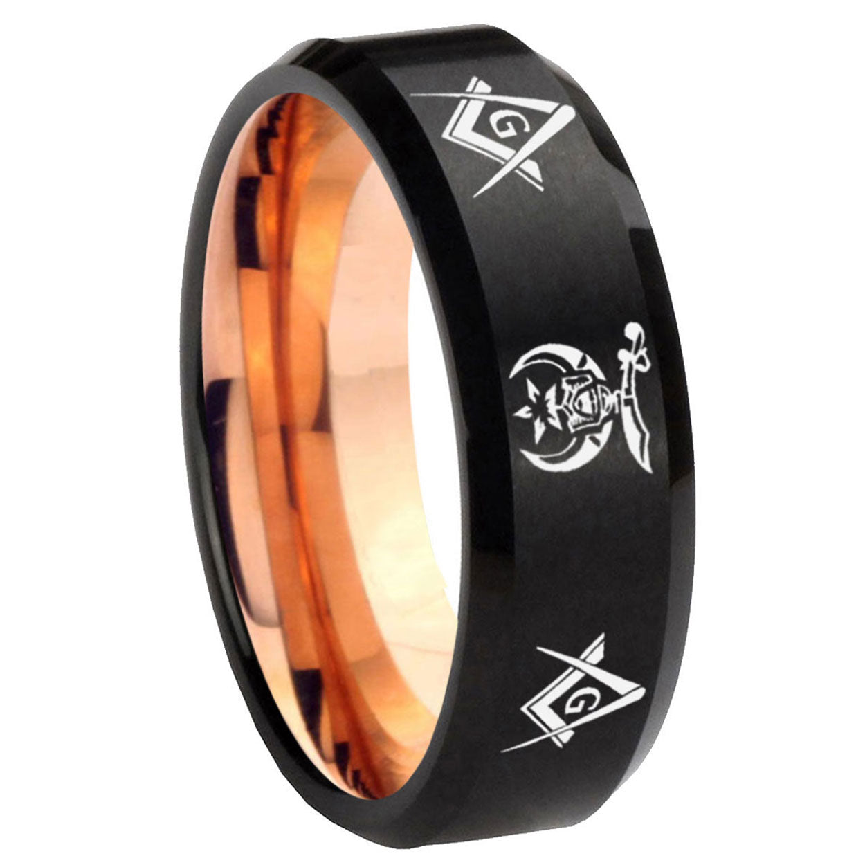 8mm Masonic Shriners Two-Tone Beveled Black Rose Gold Tungsten Band
