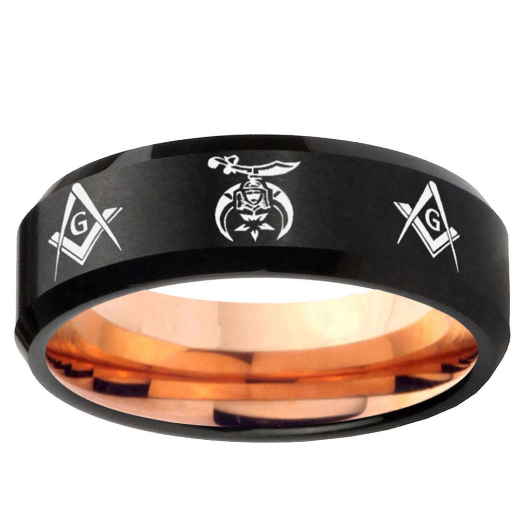 5mm Masonic Shriners Two-Tone Beveled Black Rose Gold Tungsten Band