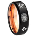 8mm Masonic 32 Design Two-Tone Beveled Black Rose Gold Tungsten Band