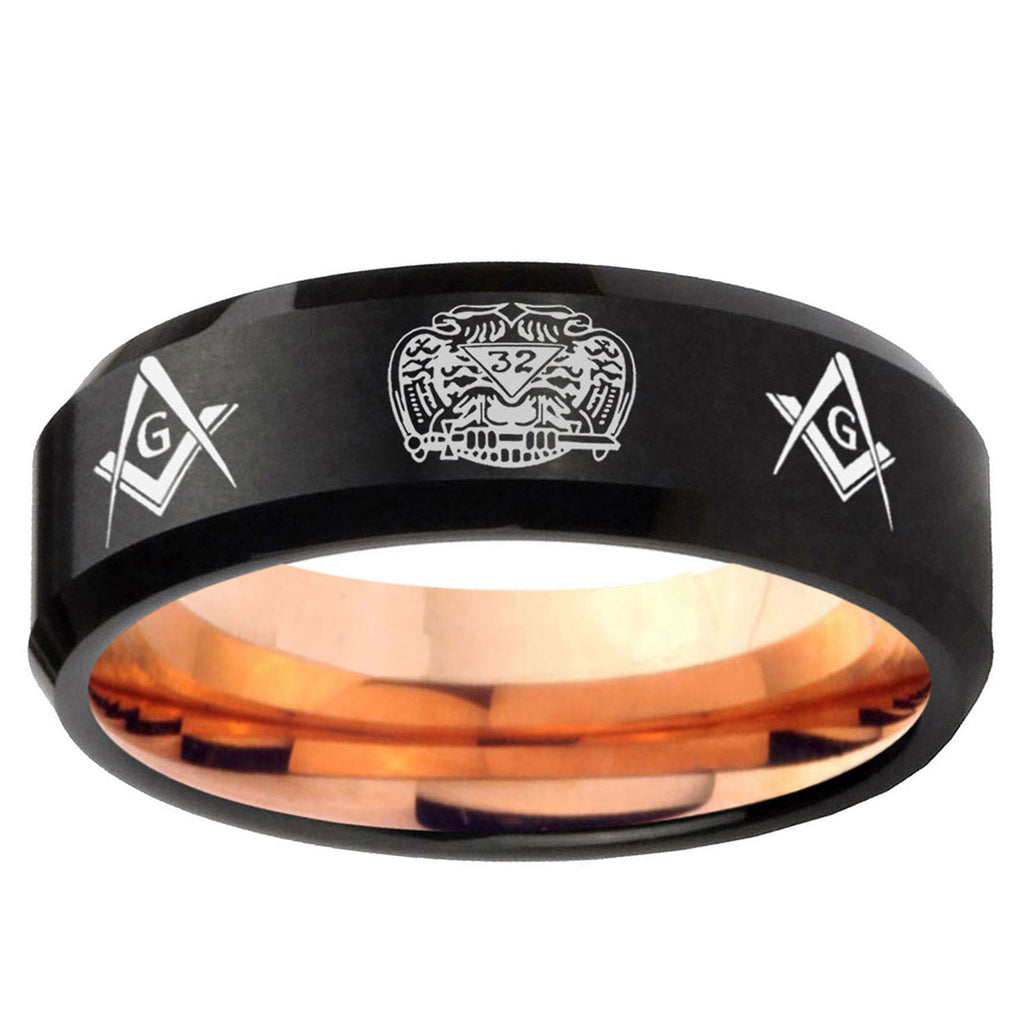 5mm Masonic 32 Design Two-Tone Beveled Black Rose Gold Tungsten Band