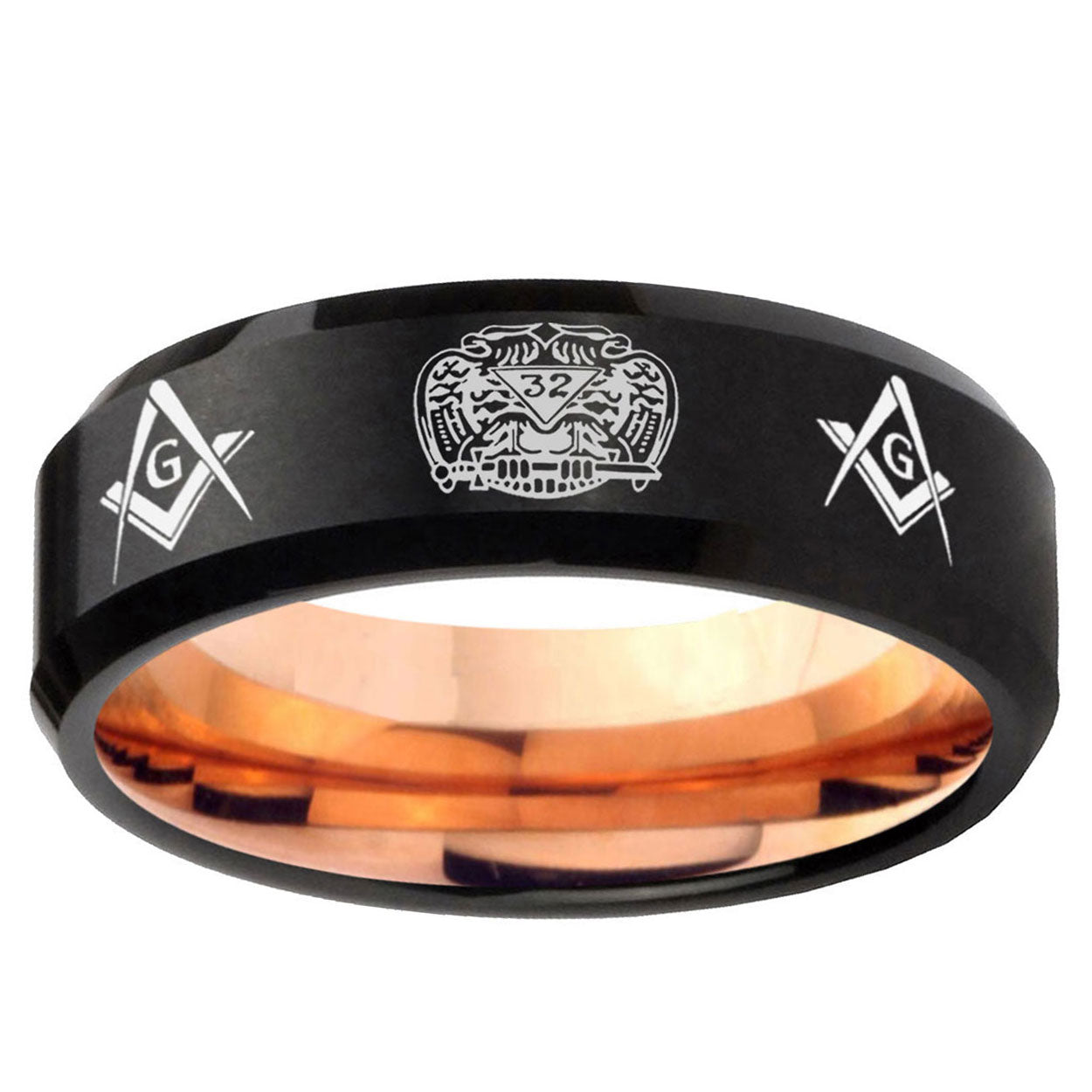 5mm Masonic 32 Design Two-Tone Beveled Black Rose Gold Tungsten Band