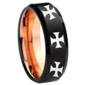 8mm Multi Maltese Cross Two-Tone Beveled Black Rose Gold Tungsten Band
