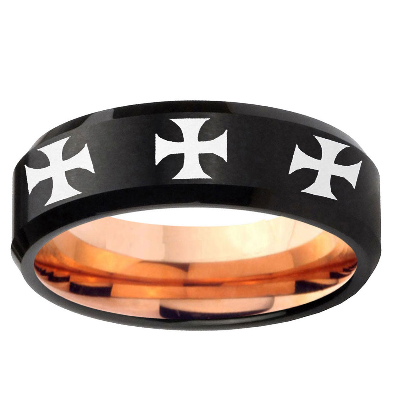5mm Multi Maltese Cross Two-Tone Beveled Black Rose Gold Tungsten Band