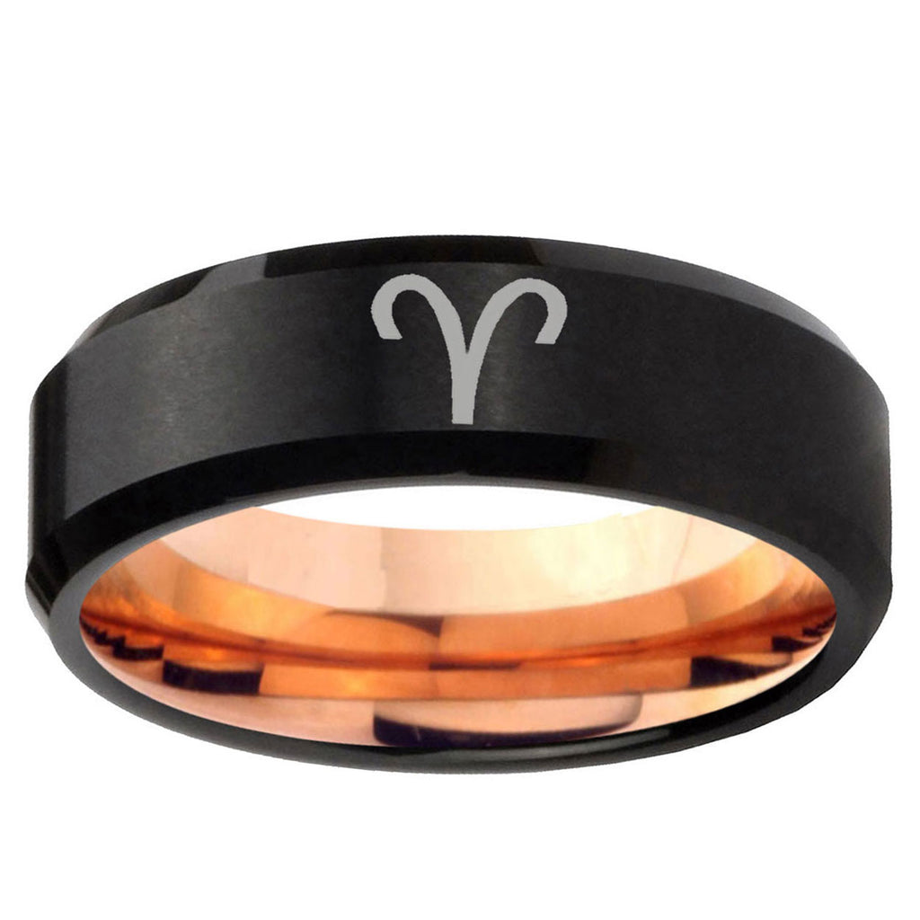 5mm Aries Zodiac Two-Tone Beveled Black Rose Gold Tungsten Band