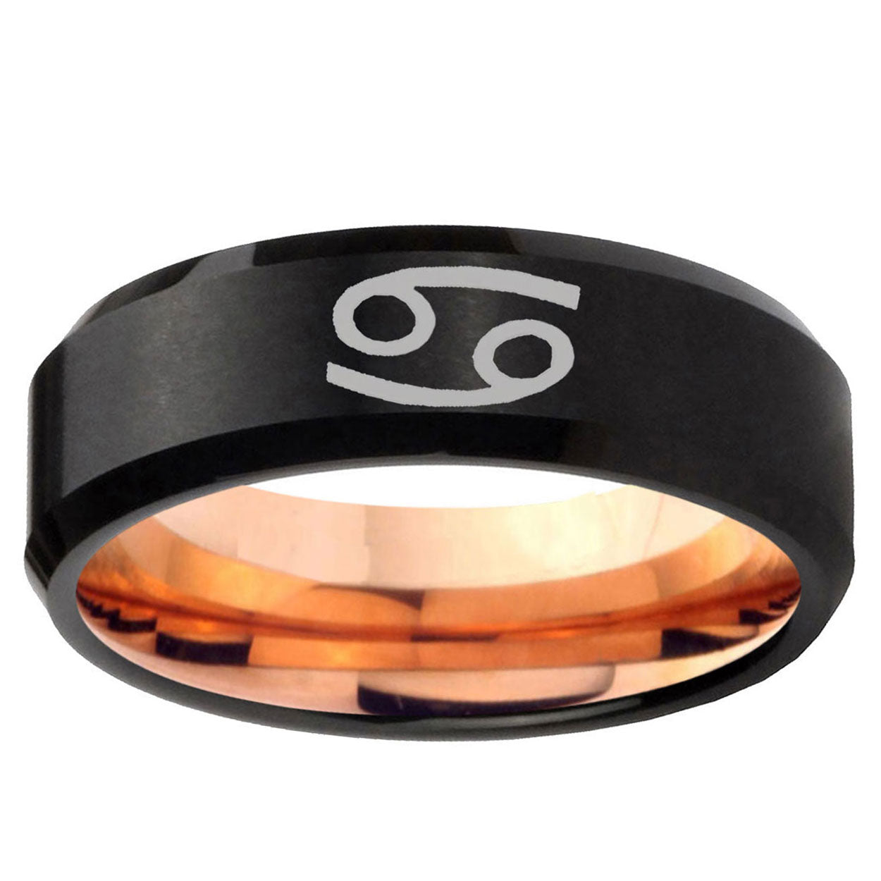 5mm Cancer Horoscope Two-Tone Beveled Black Rose Gold Tungsten Band