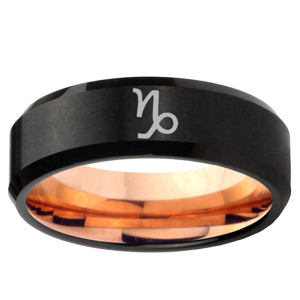 5mm Capricorn Zodiac Two-Tone Beveled Black Rose Gold Tungsten Band