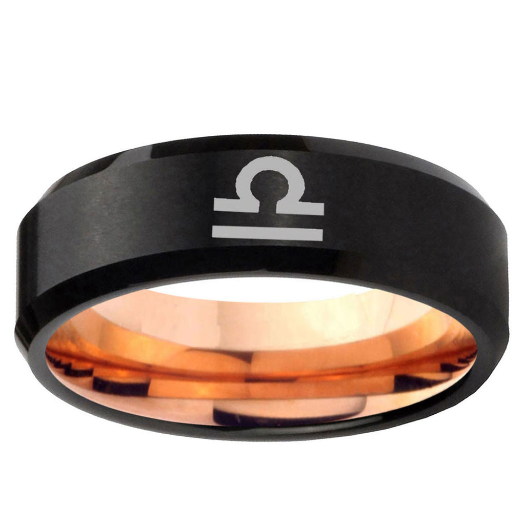 5mm Libra Horoscope Two-Tone Beveled Black Rose Gold Tungsten Band