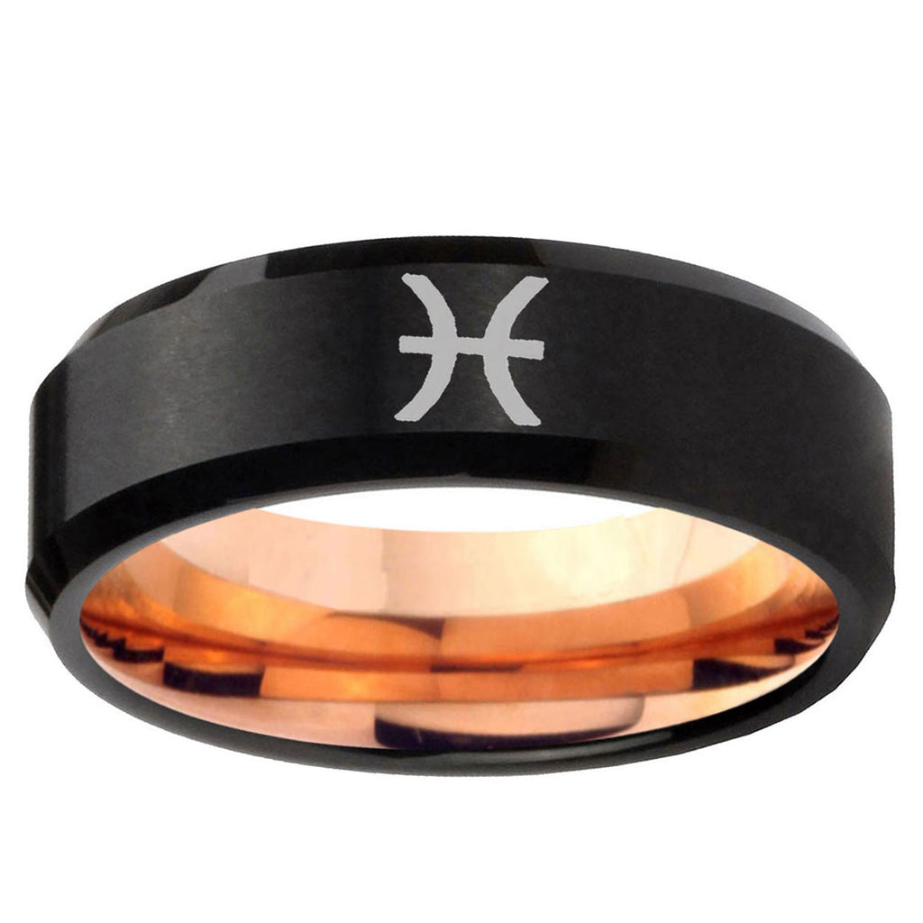 5mm Pisces Zodiac Two-Tone Beveled Black Rose Gold Tungsten Band