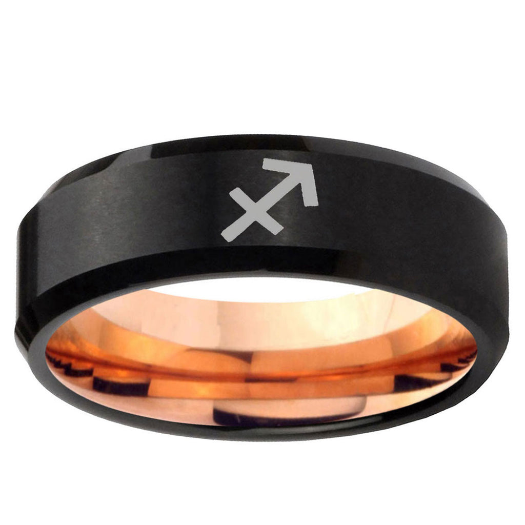 5mm Sagittarius Zodiac Two-Tone Beveled Black Rose Gold Tungsten Band