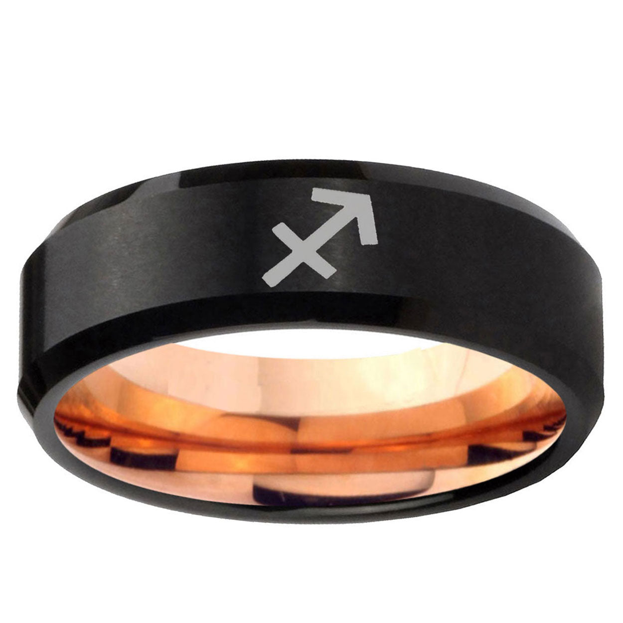 5mm Sagittarius Zodiac Two-Tone Beveled Black Rose Gold Tungsten Band