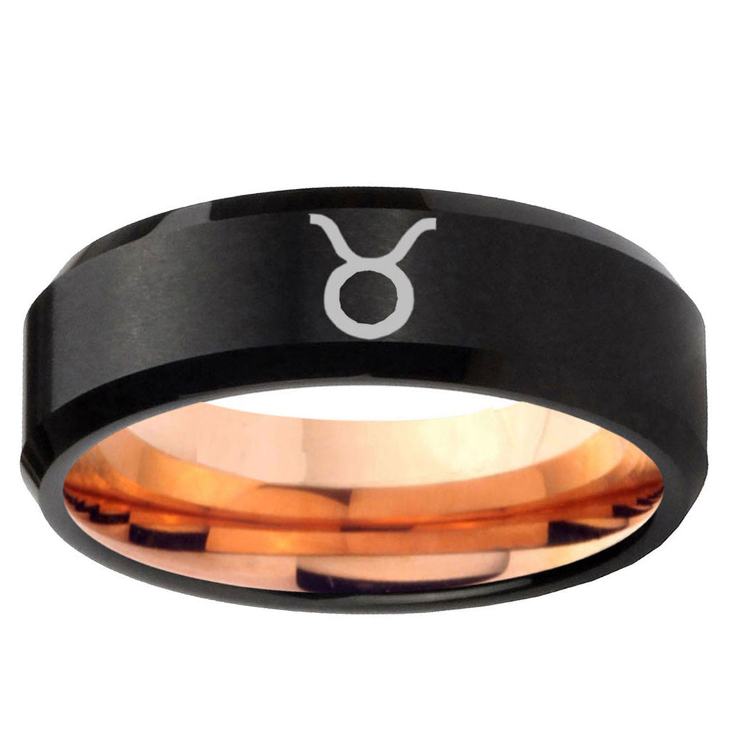 5mm Taurus Horoscope Two-Tone Beveled Black Rose Gold Tungsten Band