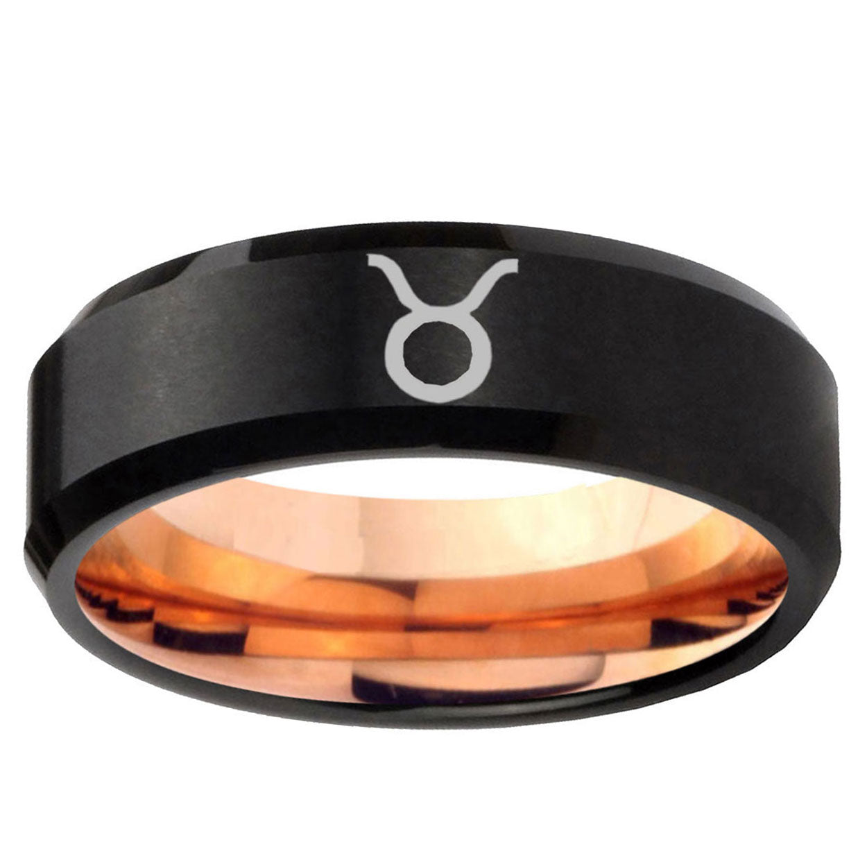 5mm Taurus Horoscope Two-Tone Beveled Black Rose Gold Tungsten Band