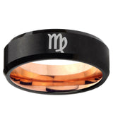 5mm Virgo Zodiac Beveled Edge Rose Gold and Black Tungsten Wedding Band Mens