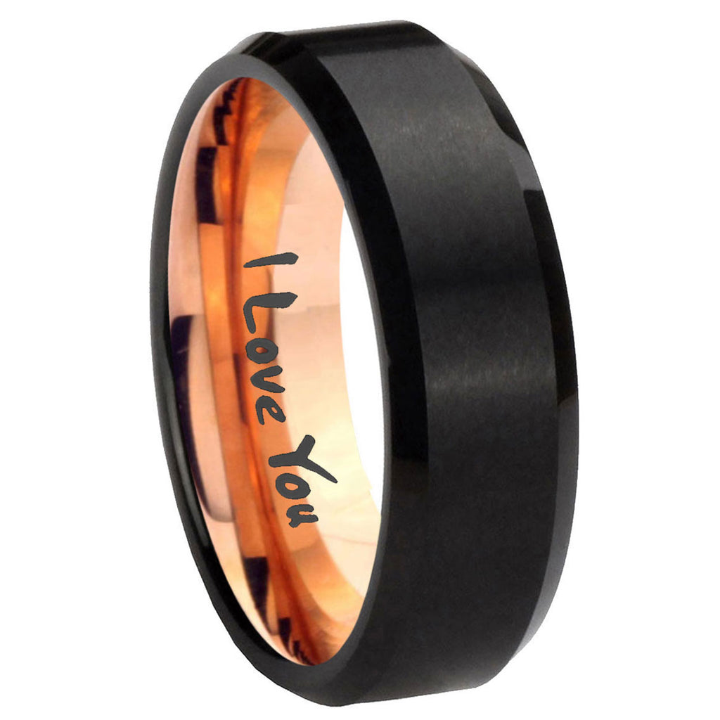 8mm I Love You Two-Tone Beveled Black Rose Gold Tungsten Band