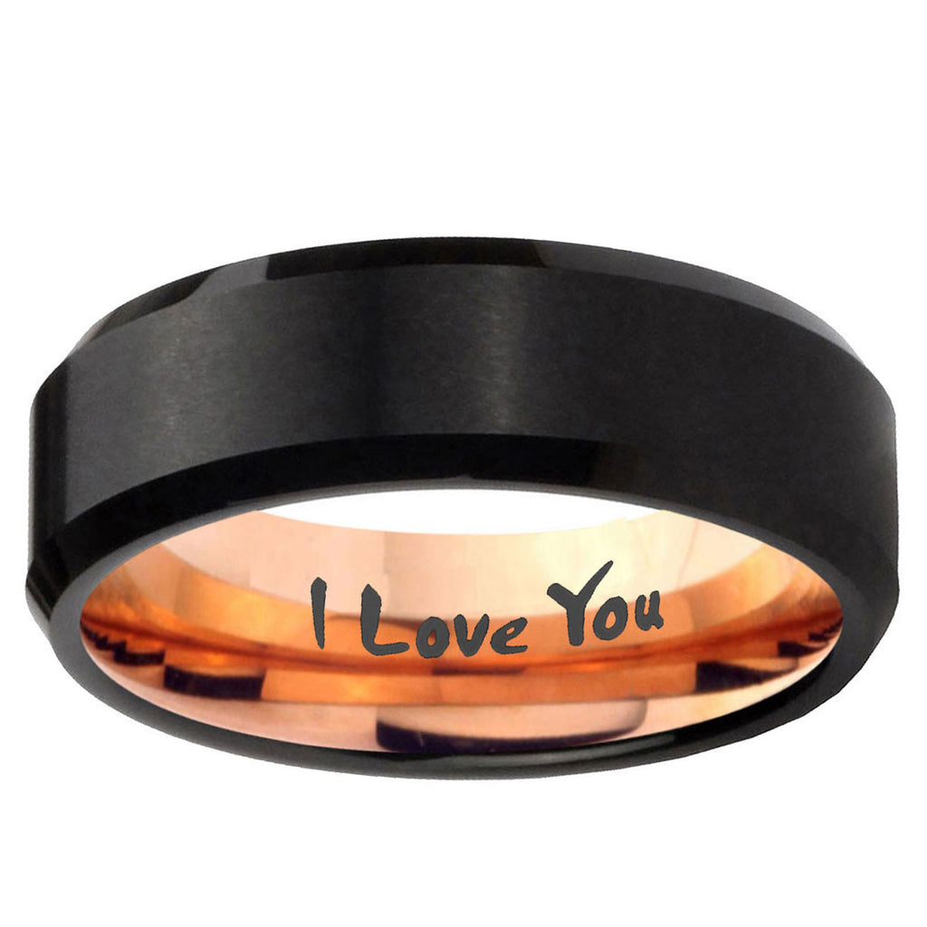 5mm I Love You Two-Tone Beveled Black Rose Gold Tungsten Band