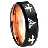 8mm Celtic Triangle Fleur-De-Lis Beveled Rose Gold and Black Tungsten Men's Ring