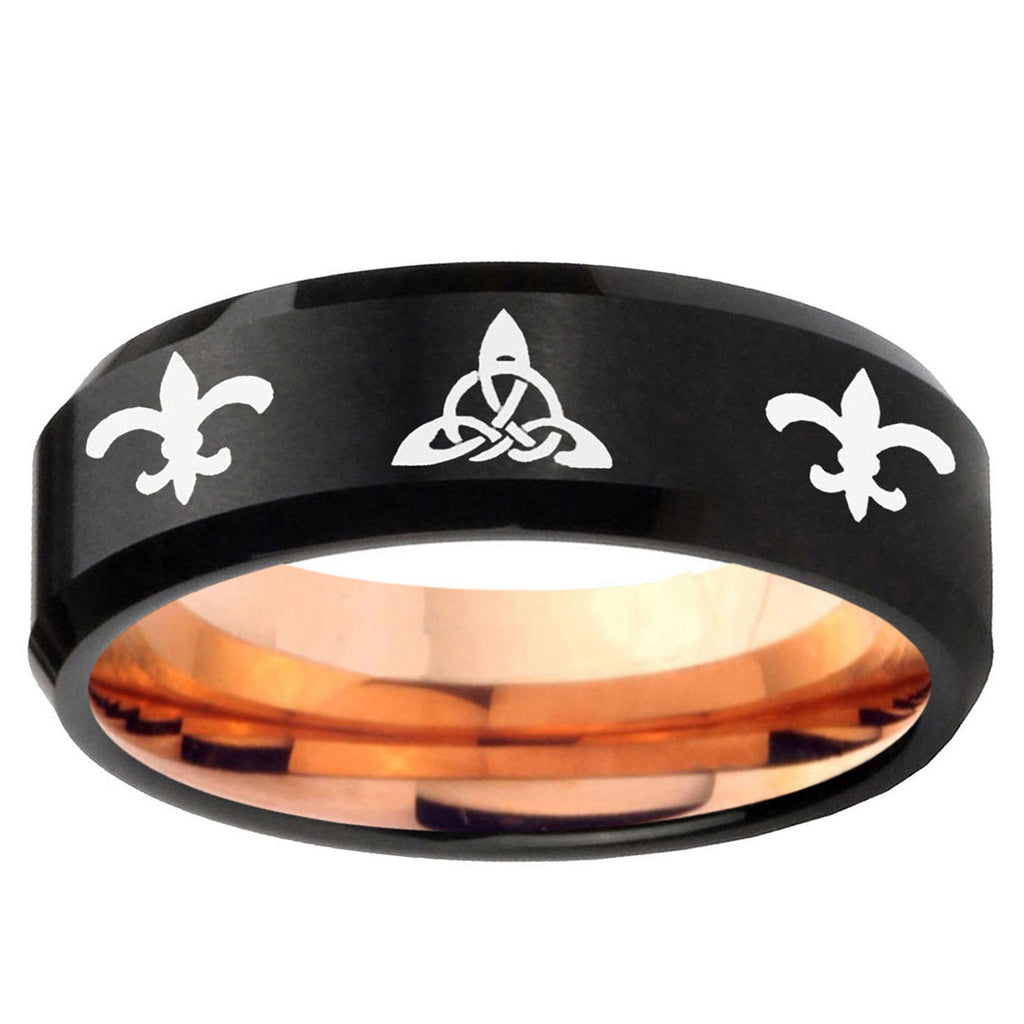 5mm Celtic Triangle Fleur Delis Two-Tone Beveled Black Rose Gold Tungsten Band