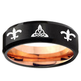 5mm Celtic Triangle Fleur-De-Lis Beveled Rose Gold and Black Tungsten Mens Ring