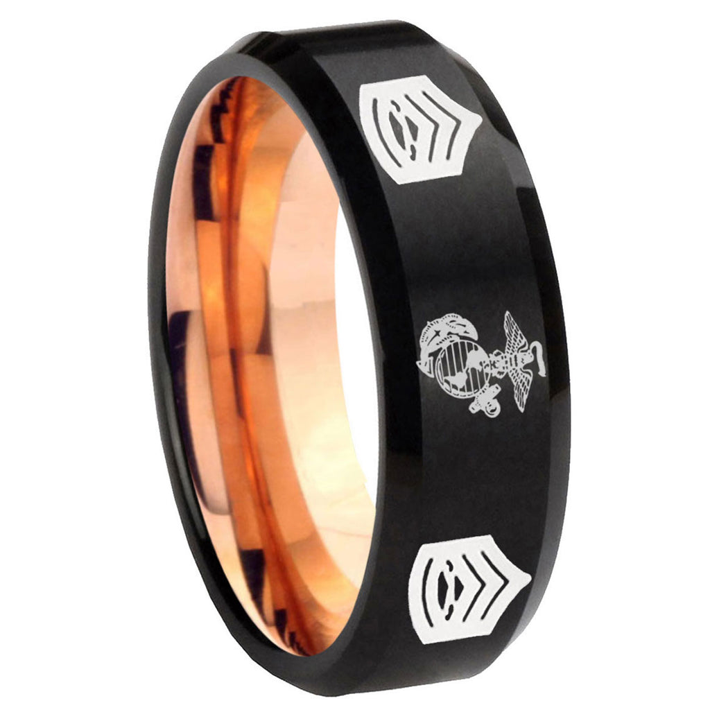 8mm Marine Army Sergeant Two-Tone Beveled Black Rose Gold Tungsten Band