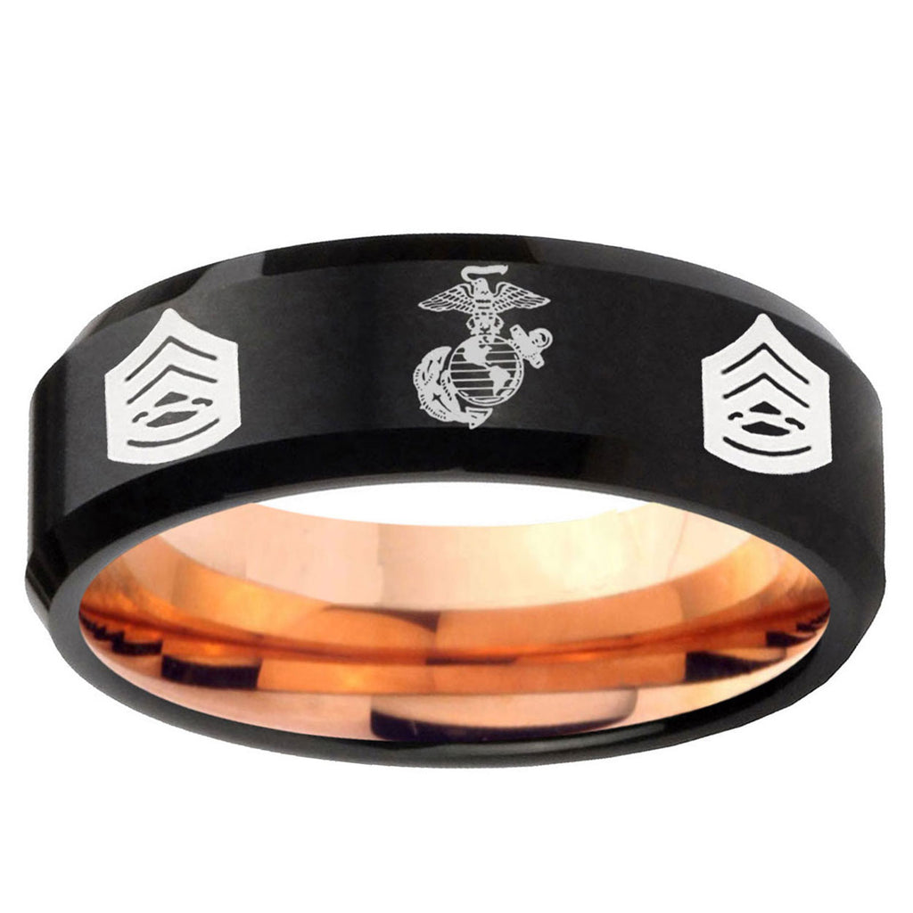 5mm Marine Army Sergeant Two-Tone Beveled Black Rose Gold Tungsten Band
