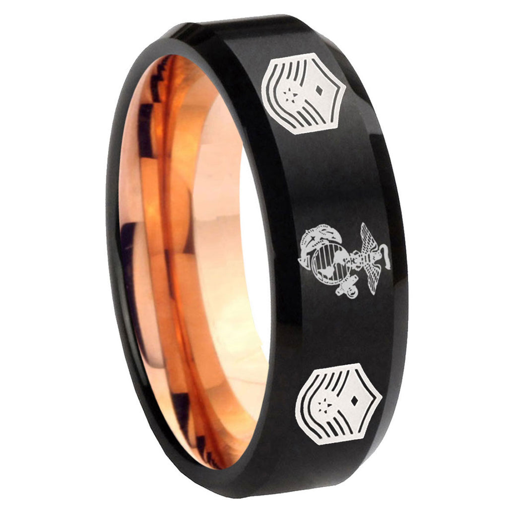 8mm Marine Chief Master Sergeant Two-Tone Beveled Black Rose Gold Tungsten Band
